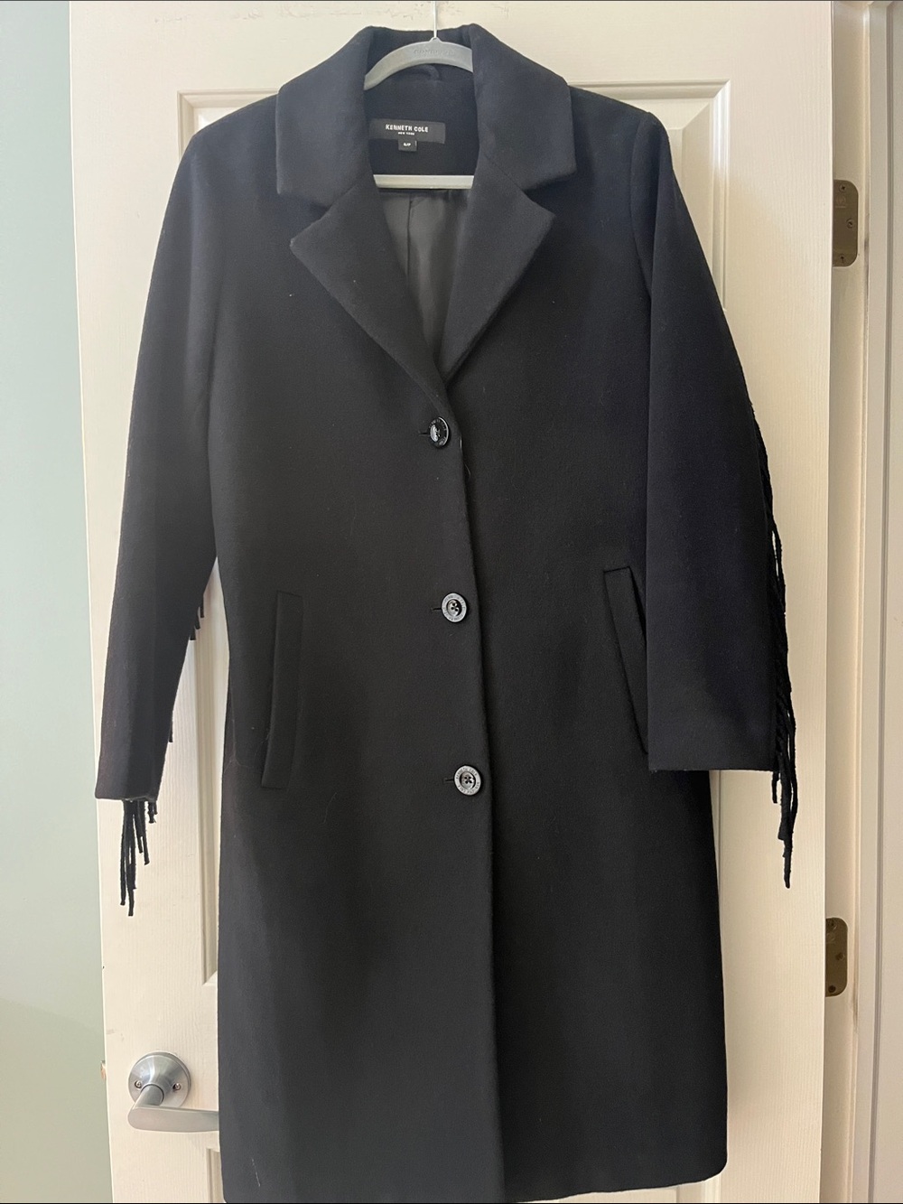 NWOT worn once.. Kenneth Cole Black Fringe-Trim Wool Blend Coat